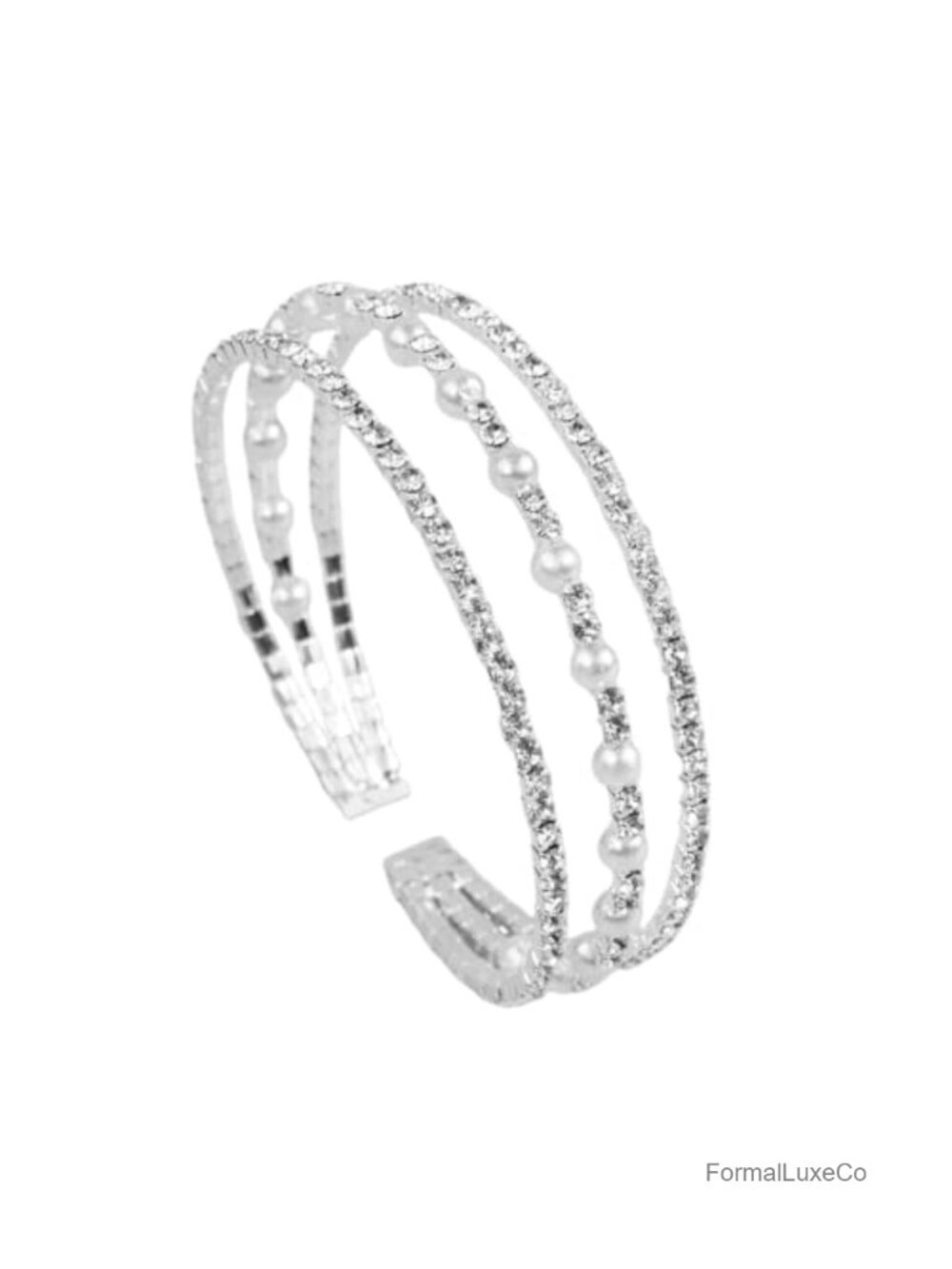 Vintage Multi Row Layered Cuff Bracelet Rhinestone Faux Pearl Stretch Tennis
